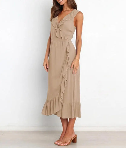 Cocktail Dresses- Elegant Ruffled V-neck Wrap-Style Cocktail Dress- - IndioGear.com