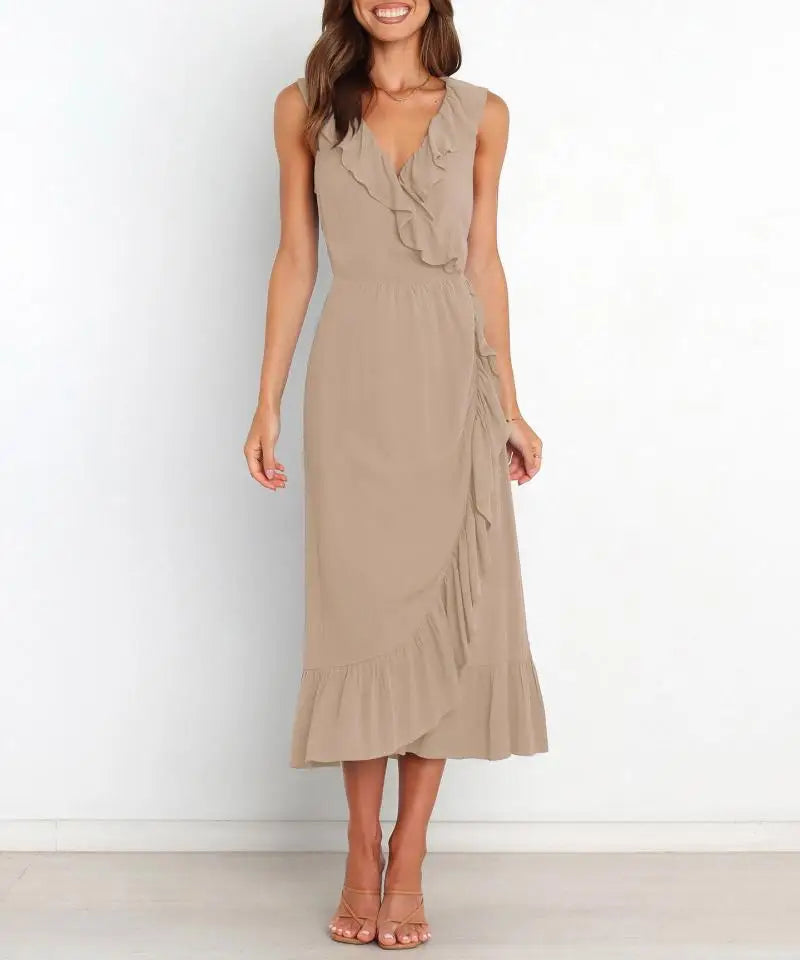 Cocktail Dresses- Elegant Ruffled V-neck Wrap-Style Cocktail Dress- - IndioGear.com