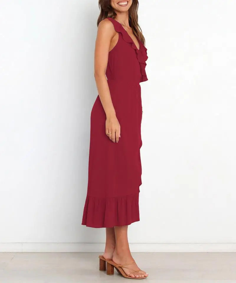 Cocktail Dresses- Elegant Ruffled V-neck Wrap-Style Cocktail Dress- - IndioGear.com