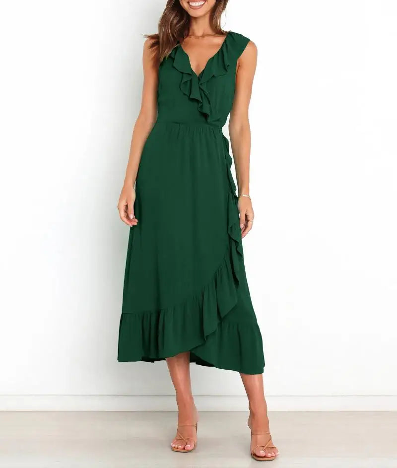 Cocktail Dresses- Elegant Ruffled V-neck Wrap-Style Cocktail Dress- - IndioGear.com