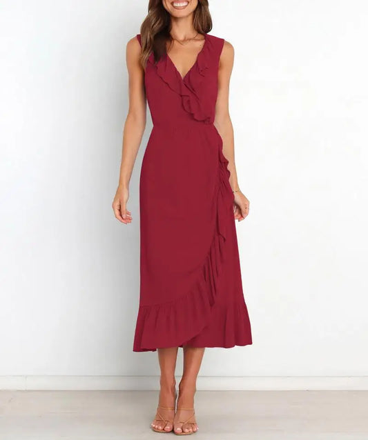 Cocktail Dresses- Elegant Ruffled V-neck Wrap-Style Cocktail Dress- - IndioGear.com