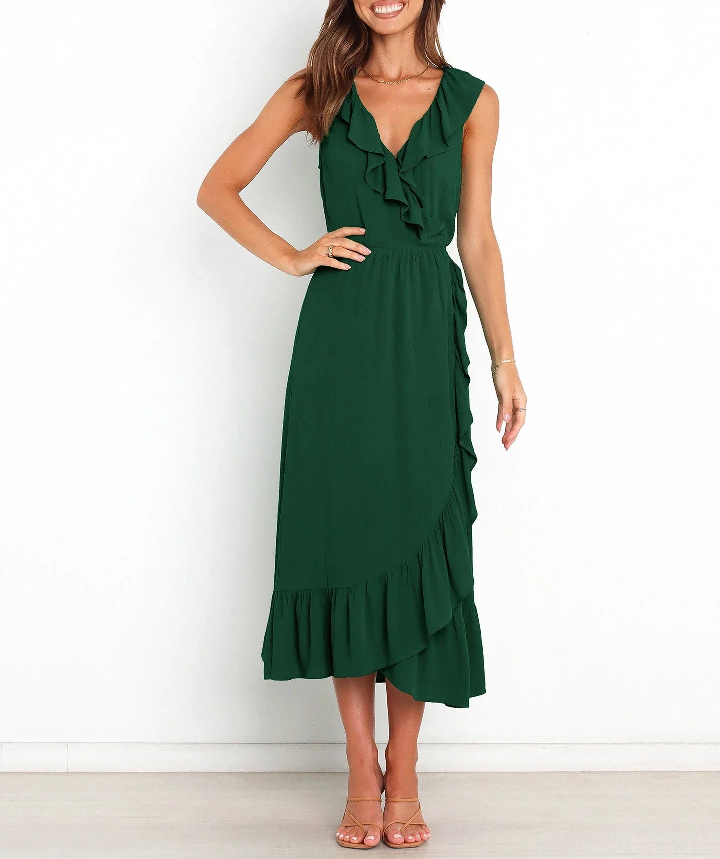 Cocktail Dresses- Elegant Ruffled V-neck Wrap-Style Cocktail Dress- Green- IndioGear.com