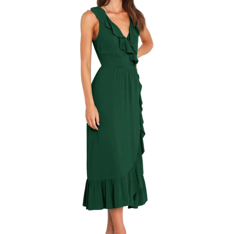 Cocktail Dresses- Elegant Ruffled V-neck Wrap-Style Cocktail Dress- - IndioGear.com