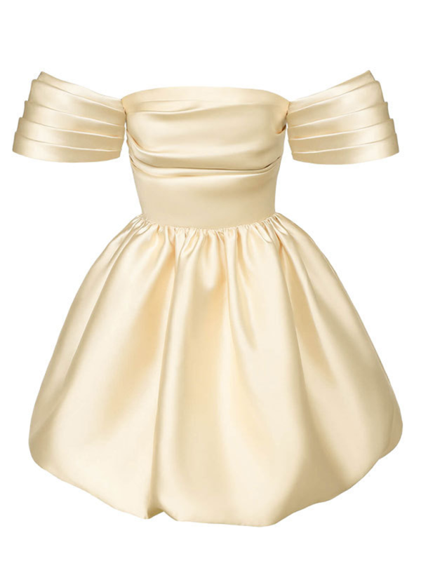 Cocktail Dresses- Elegant Satin Party Dress with Puff Sleeves- - IndioGear.com