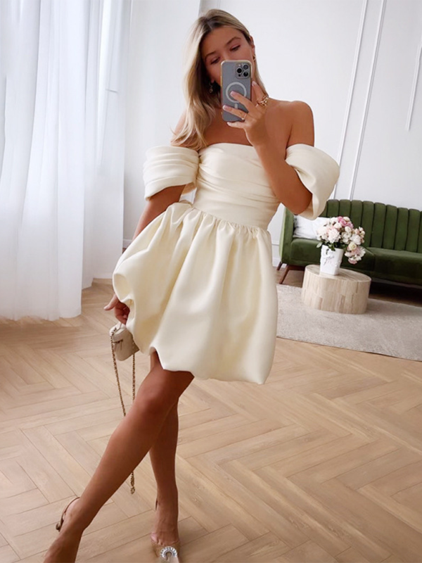 Cocktail Dresses- Elegant Satin Party Dress with Puff Sleeves- - IndioGear.com