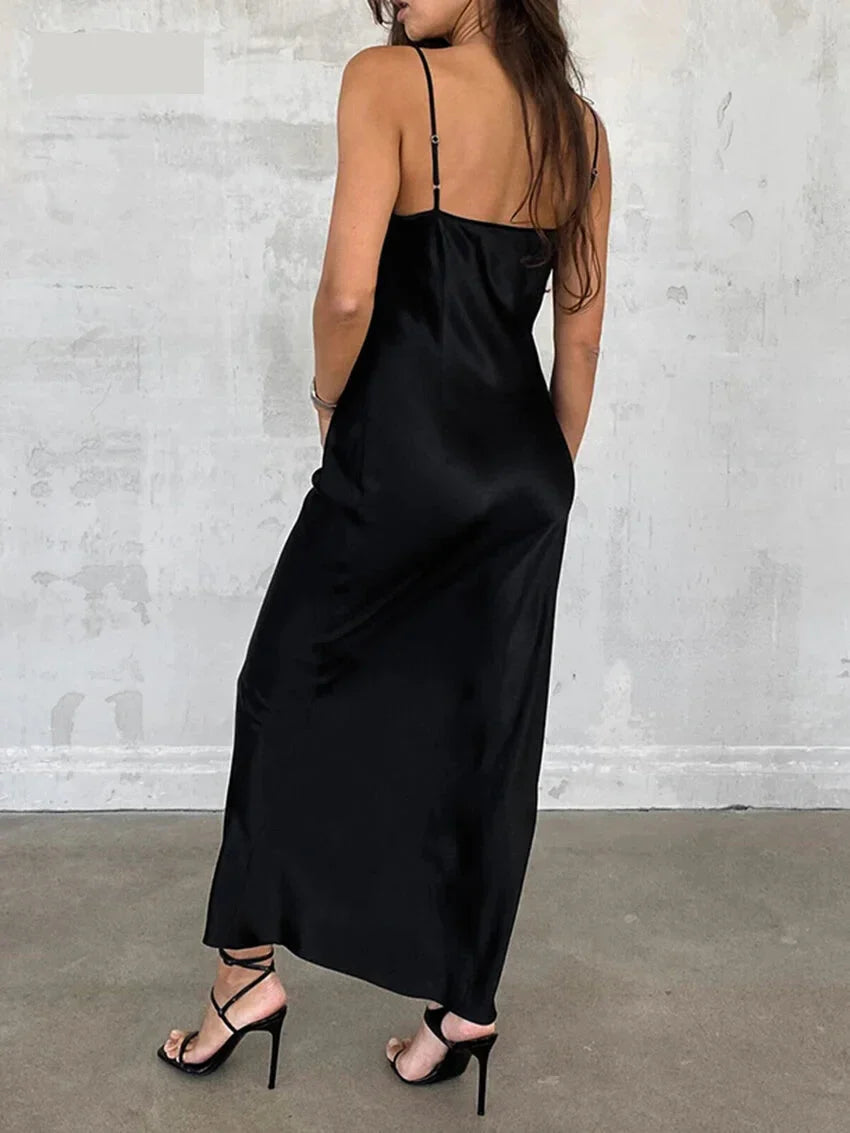 Cocktail Dresses- Elegant Satin in a Black Slip Dress- - IndioGear.com