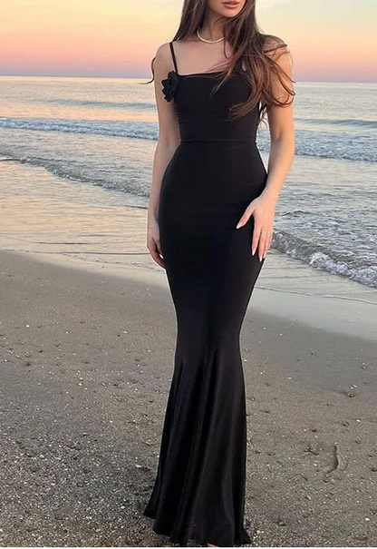 Cocktail Dresses- Elegant Solid Peach Mermaid Maxi Dress Captivating Wedding Attire- Black- IndioGear.com