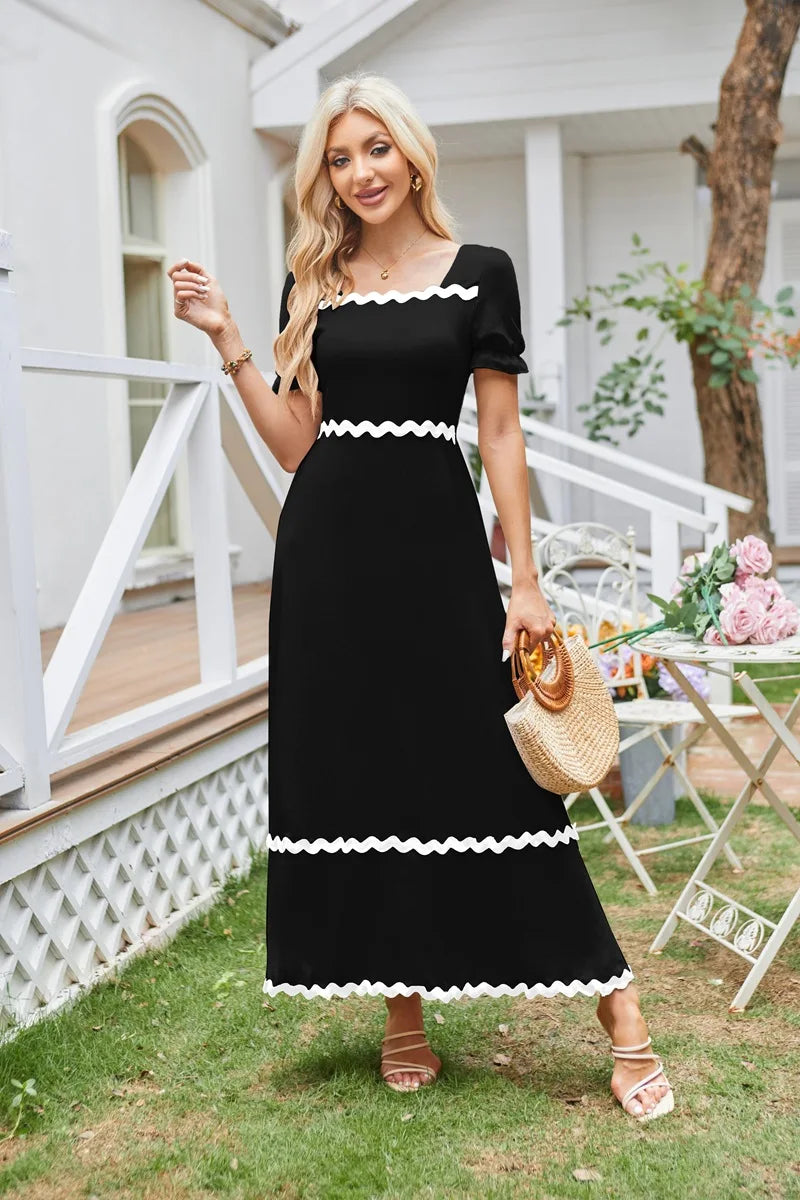 Cocktail Dresses- Elegant Square Neck Cocktail Dress- Black- Chuzko Women Clothing