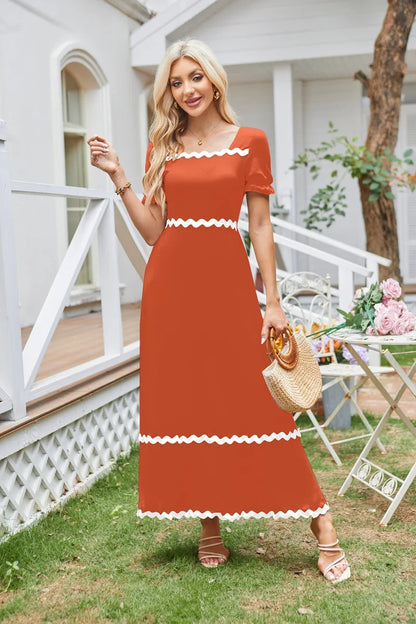 Cocktail Dresses- Elegant Square Neck Cocktail Dress- Orange- Chuzko Women Clothing