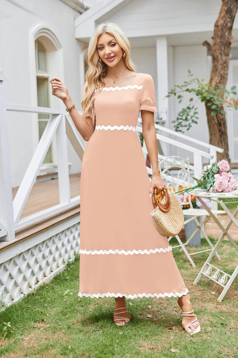 Cocktail Dresses- Elegant Square Neck Cocktail Dress- Pink- Chuzko Women Clothing