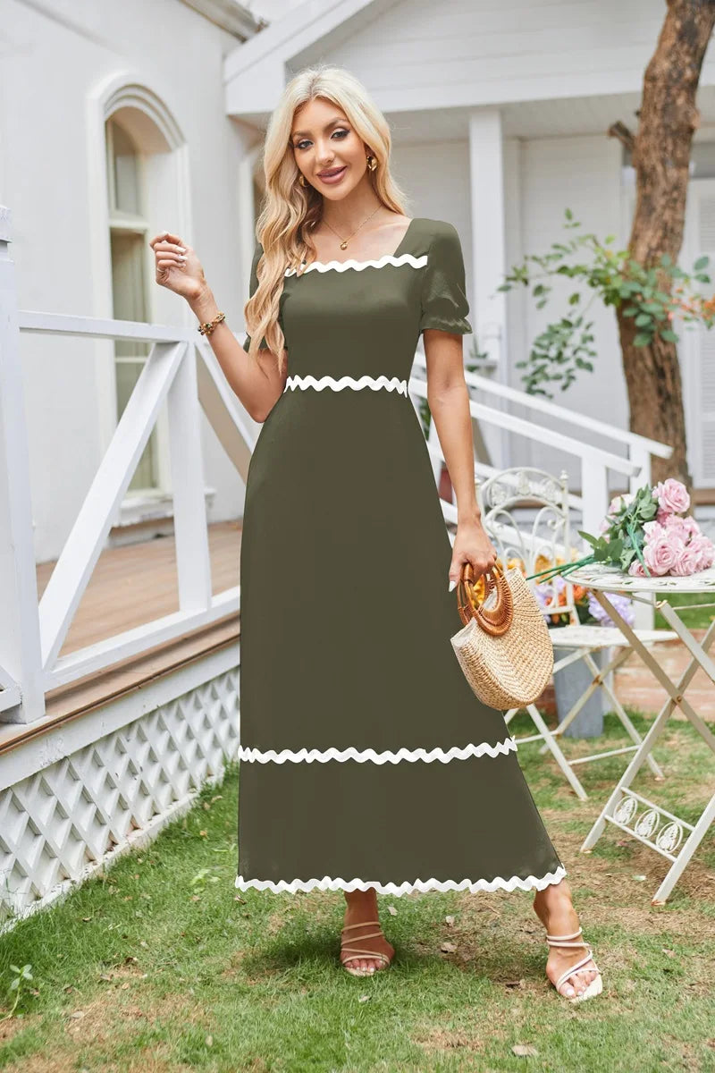 Cocktail Dresses- Elegant Square Neck Cocktail Dress- Army Green- Chuzko Women Clothing