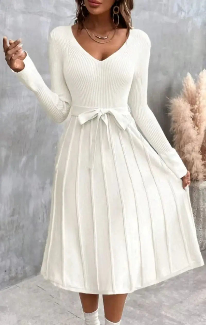 Cocktail Dresses- Elegant White Pleated Knit Dress with Waist Tie- - IndioGear.com