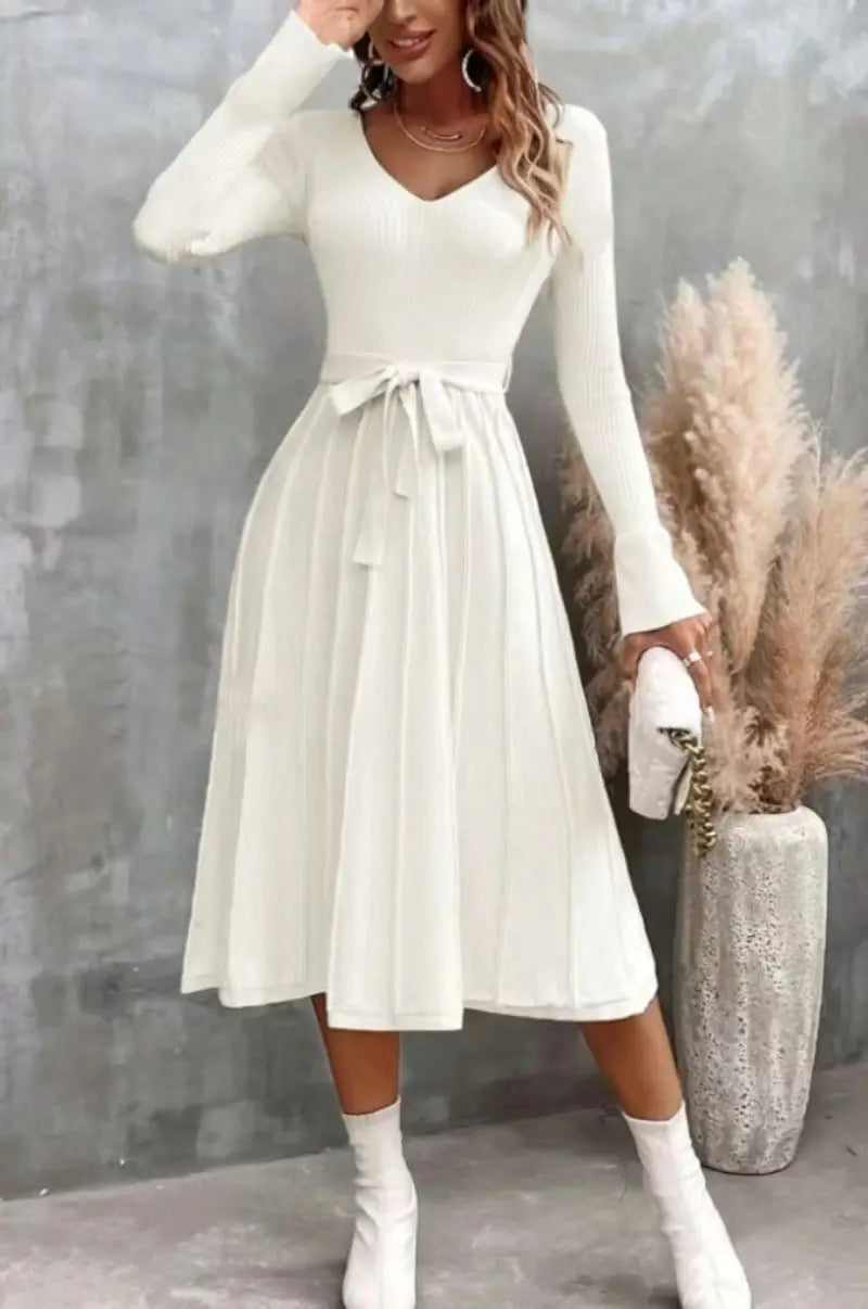 Cocktail Dresses- Elegant White Pleated Knit Dress with Waist Tie- - IndioGear.com