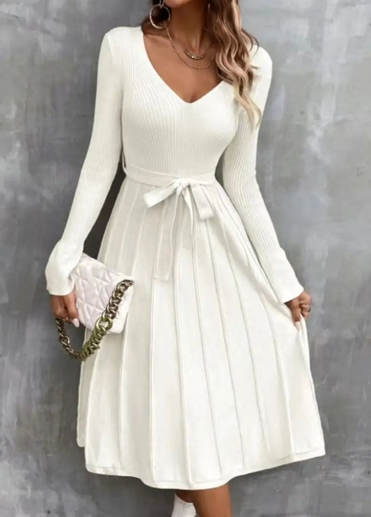 Cocktail Dresses- Elegant White Pleated Knit Dress with Waist Tie- - IndioGear.com