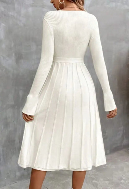 Cocktail Dresses- Elegant White Pleated Knit Dress with Waist Tie- - IndioGear.com