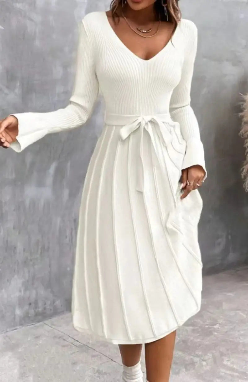 Cocktail Dresses- Elegant White Pleated Knit Dress with Waist Tie- - IndioGear.com