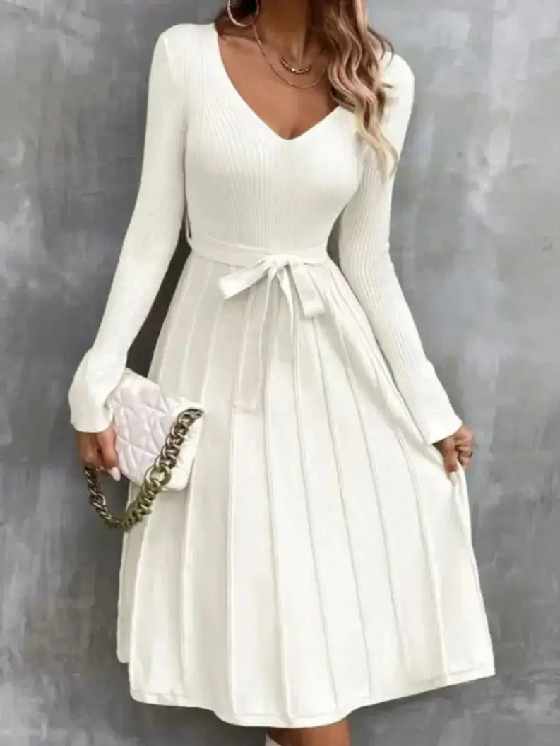 Cocktail Dresses- Elegant White Pleated Knit Dress with Waist Tie- White- IndioGear.com