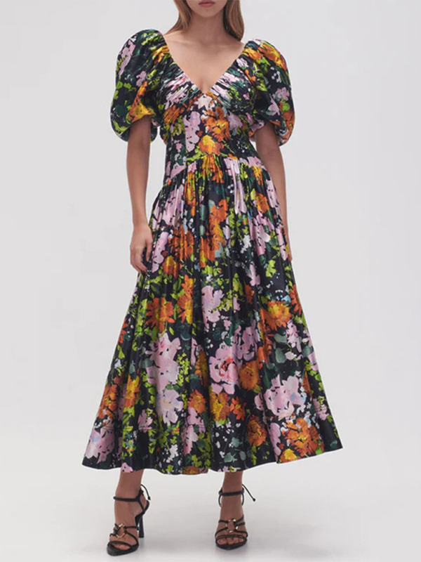 Cocktail Dresses- Floral Dream Midi Dress for Elegant Cocktails- Black- IndioGear.com