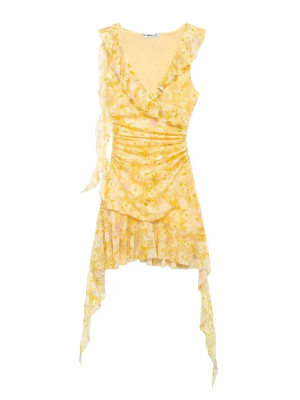 Cocktail Dresses- Floral Elegant Summer Cocktail Dress- Yellow- IndioGear.com