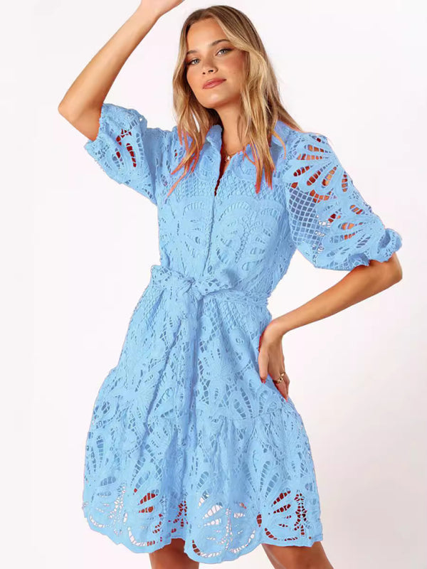 Cocktail Dresses- Floral Lace Overlay Shirt Dress with Belt- Clear blue- IndioGear Women Clothing