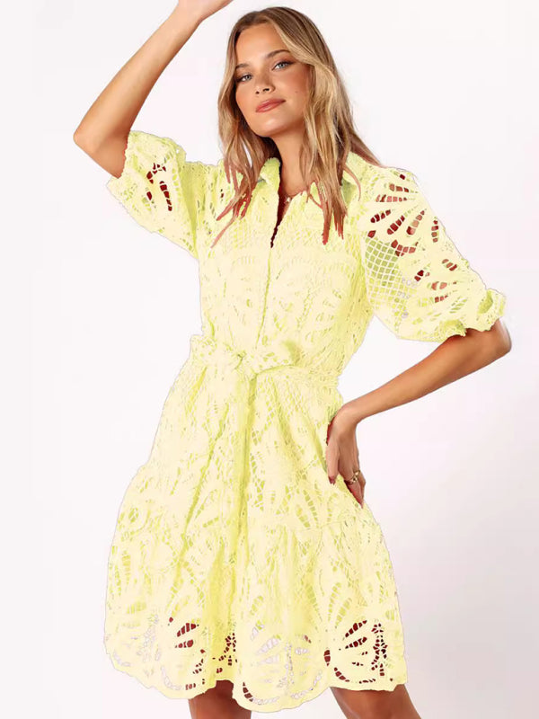 Cocktail Dresses- Floral Lace Overlay Shirt Dress with Belt- Light yellow- IndioGear Women Clothing