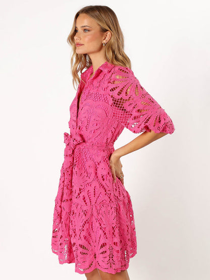 Cocktail Dresses- Floral Lace Overlay Shirt Dress with Belt- - IndioGear Women Clothing