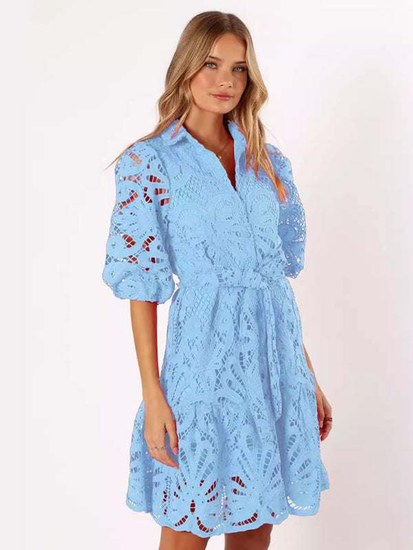 Cocktail Dresses- Floral Lace Overlay Shirt Dress with Belt- - IndioGear Women Clothing