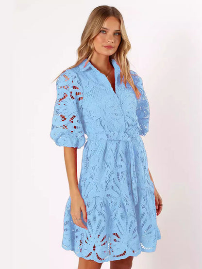 Cocktail Dresses- Floral Lace Overlay Shirt Dress with Belt- - IndioGear Women Clothing