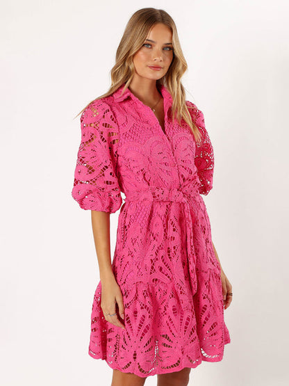 Cocktail Dresses- Floral Lace Overlay Shirt Dress with Belt- - IndioGear Women Clothing