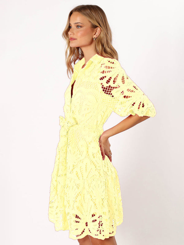 Cocktail Dresses- Floral Lace Overlay Shirt Dress with Belt- - IndioGear Women Clothing