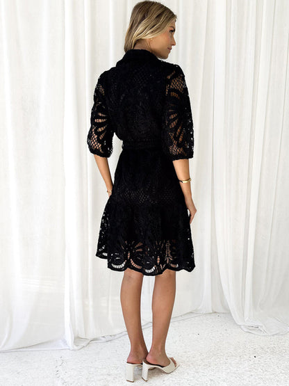 Cocktail Dresses- Floral Lace Overlay Shirt Dress with Belt- - IndioGear Women Clothing