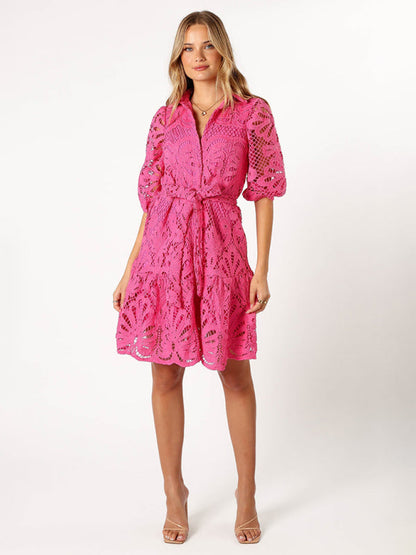 Cocktail Dresses- Floral Lace Overlay Shirt Dress with Belt- - IndioGear Women Clothing