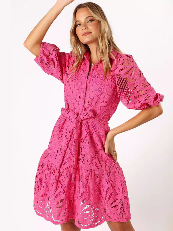 Cocktail Dresses- Floral Lace Overlay Shirt Dress with Belt- Rose- IndioGear Women Clothing