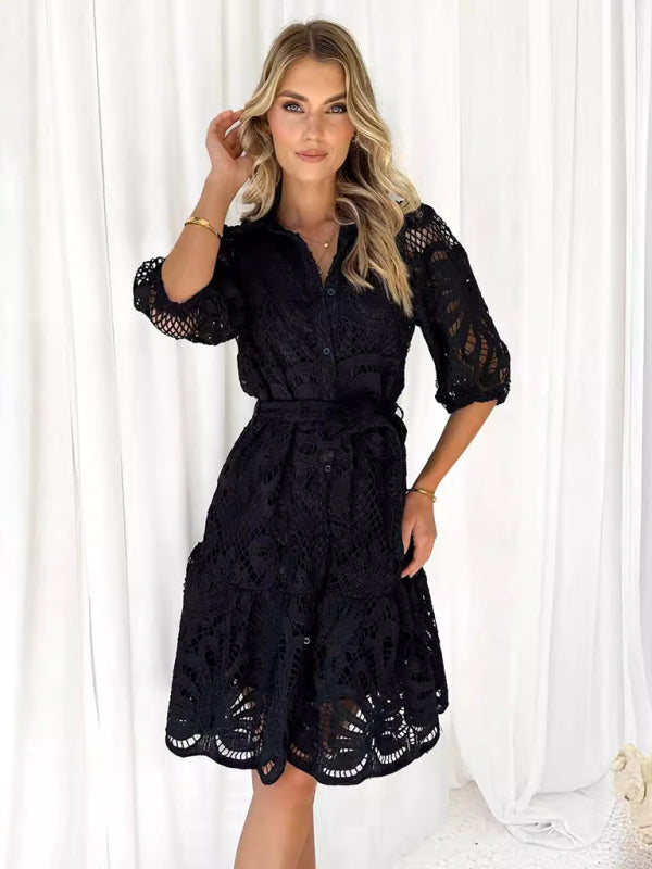 Cocktail Dresses- Floral Lace Overlay Shirt Dress with Belt- Black- IndioGear Women Clothing