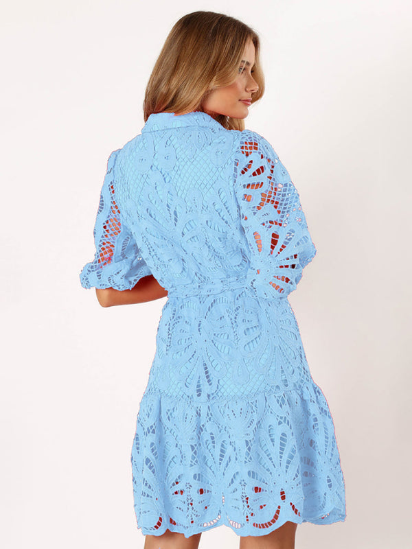 Cocktail Dresses- Floral Lace Overlay Shirt Dress with Belt- - IndioGear Women Clothing