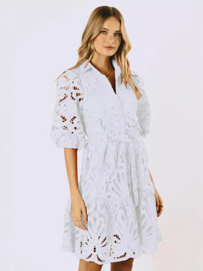 Cocktail Dresses- Floral Lace Overlay Shirt Dress with Belt- White- IndioGear Women Clothing