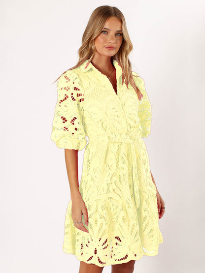 Cocktail Dresses- Floral Lace Overlay Shirt Dress with Belt- - IndioGear Women Clothing