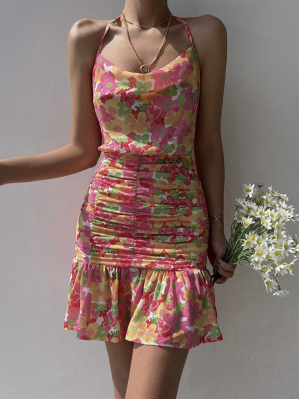 Cocktail Dresses- Floral Ruched Halter Cowl Dress for Summer Cocktails- - IndioGear Fashion and Gear