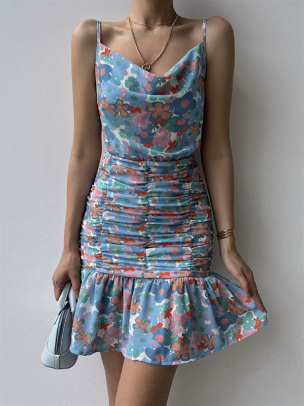 Cocktail Dresses- Floral Ruched Halter Cowl Dress for Summer Cocktails- - IndioGear Fashion and Gear