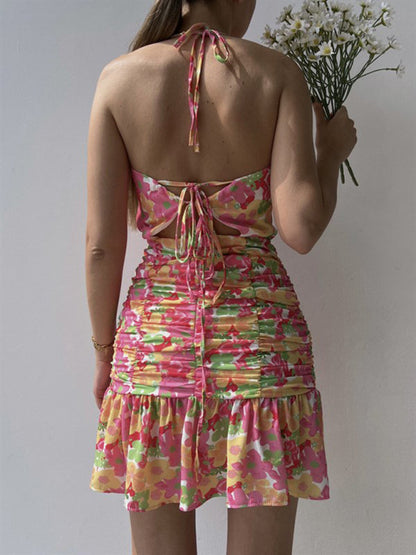 Cocktail Dresses- Floral Ruched Halter Cowl Dress for Summer Cocktails- - IndioGear Fashion and Gear