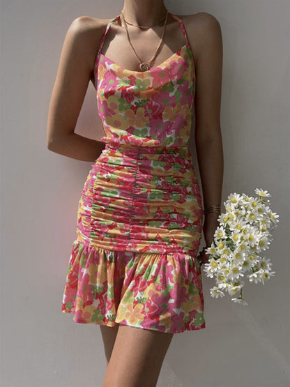 Cocktail Dresses- Floral Ruched Halter Cowl Dress for Summer Cocktails- - IndioGear Fashion and Gear