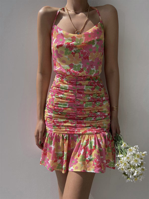 Cocktail Dresses- Floral Ruched Halter Cowl Dress for Summer Cocktails- - IndioGear Fashion and Gear