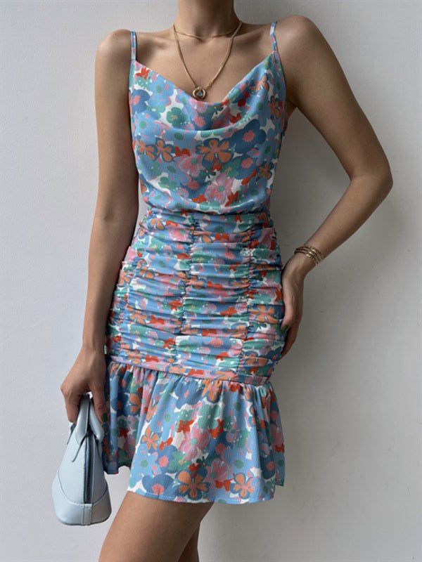 Cocktail Dresses- Floral Ruched Halter Cowl Dress for Summer Cocktails- - IndioGear Fashion and Gear