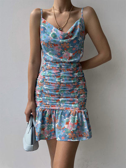 Cocktail Dresses- Floral Ruched Halter Cowl Dress for Summer Cocktails- - IndioGear Fashion and Gear