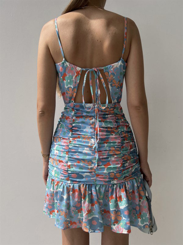 Cocktail Dresses- Floral Ruched Halter Cowl Dress for Summer Cocktails- - IndioGear Fashion and Gear