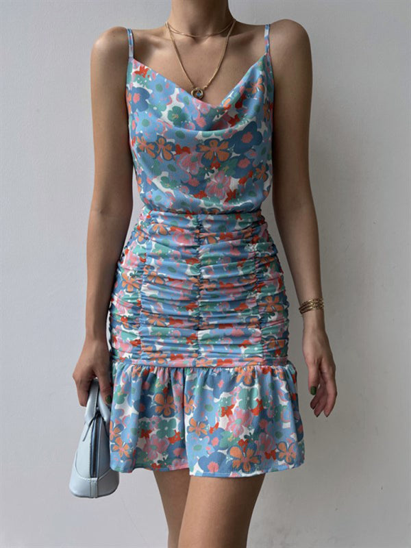 Cocktail Dresses- Floral Ruched Halter Cowl Dress for Summer Cocktails- - IndioGear Fashion and Gear