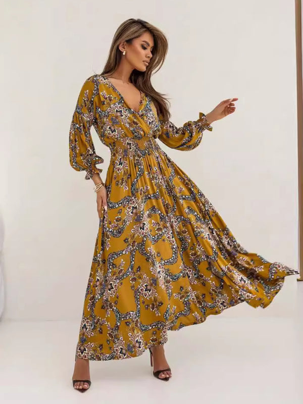 Cocktail Dresses - Floral Smocked Waist Maxi Dress for Festivals