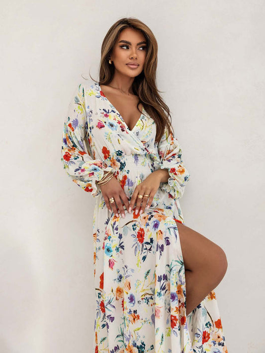 Cocktail Dresses - Floral Smocked Waist Maxi Dress for Festivals