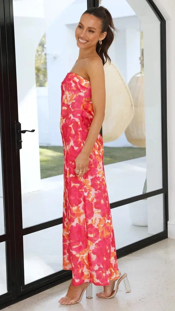 Cocktail Dresses- Floral Strapless Midi Dress for Weddings and Beach Parties- - IndioGear.com