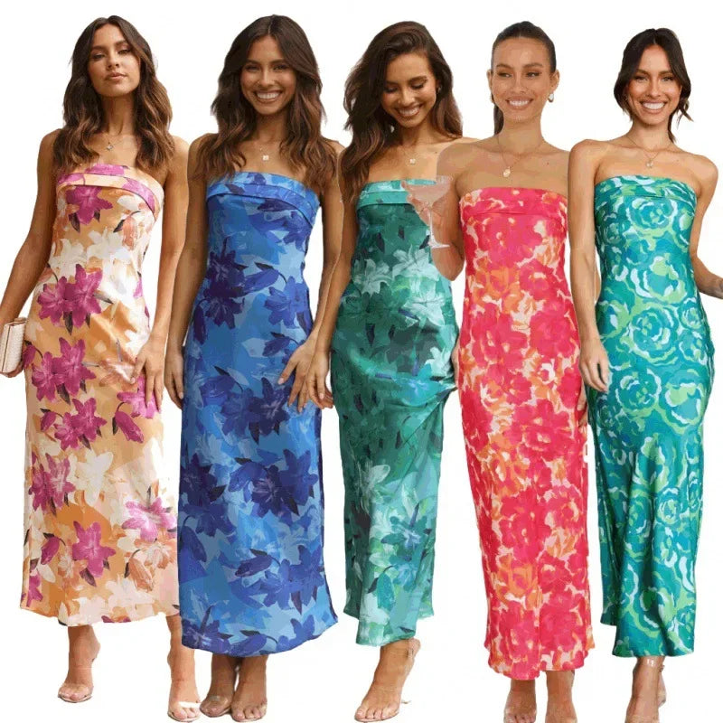 Cocktail Dresses- Floral Strapless Midi Dress for Weddings and Beach Parties- - IndioGear.com